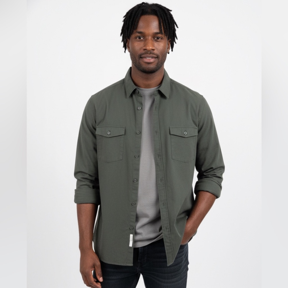 MEN’S NWT MASSIMO DUTTI‎ ARMY GREEN BUTTON DOWN LONG SLEEVE COTTON SHIRT - XL